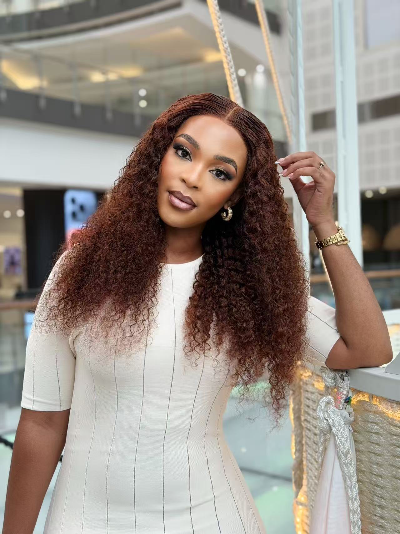 22 Inch Brown Water Curly Glueless Human Hair Wig