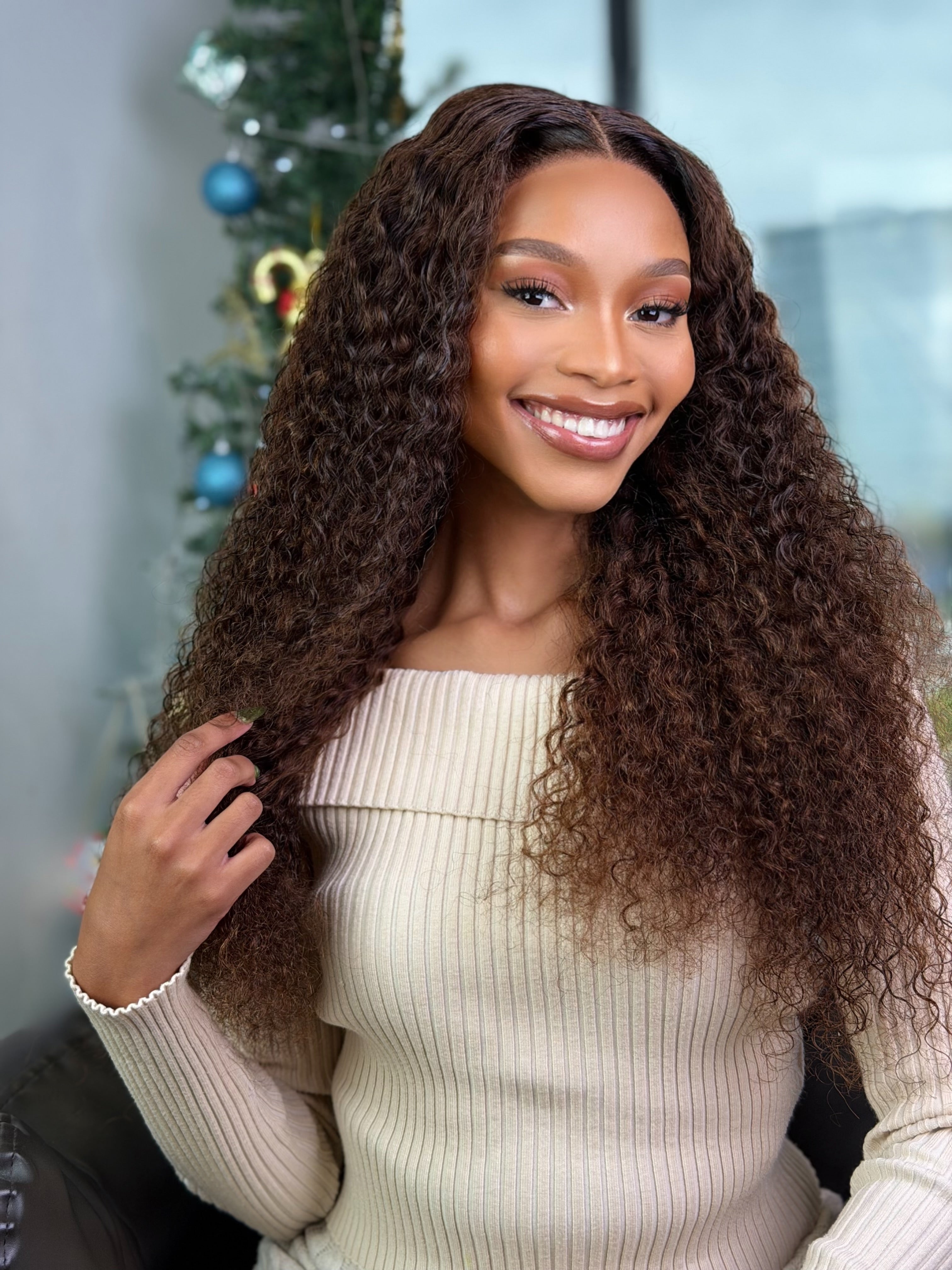 22 Inch Brown Water Curly Glueless Human Hair Wig