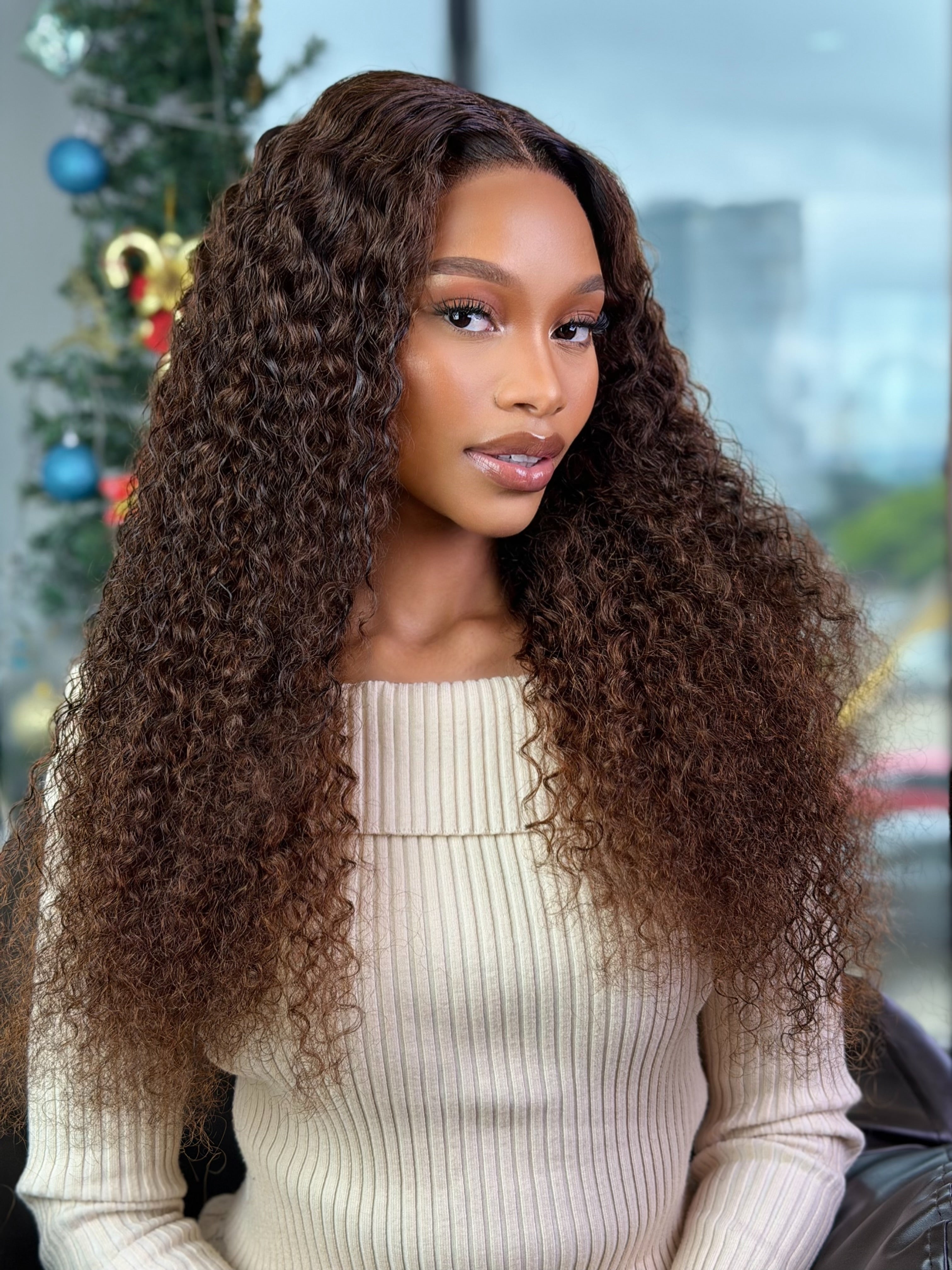 22 Inch Brown Water Curly Glueless Human Hair Wig