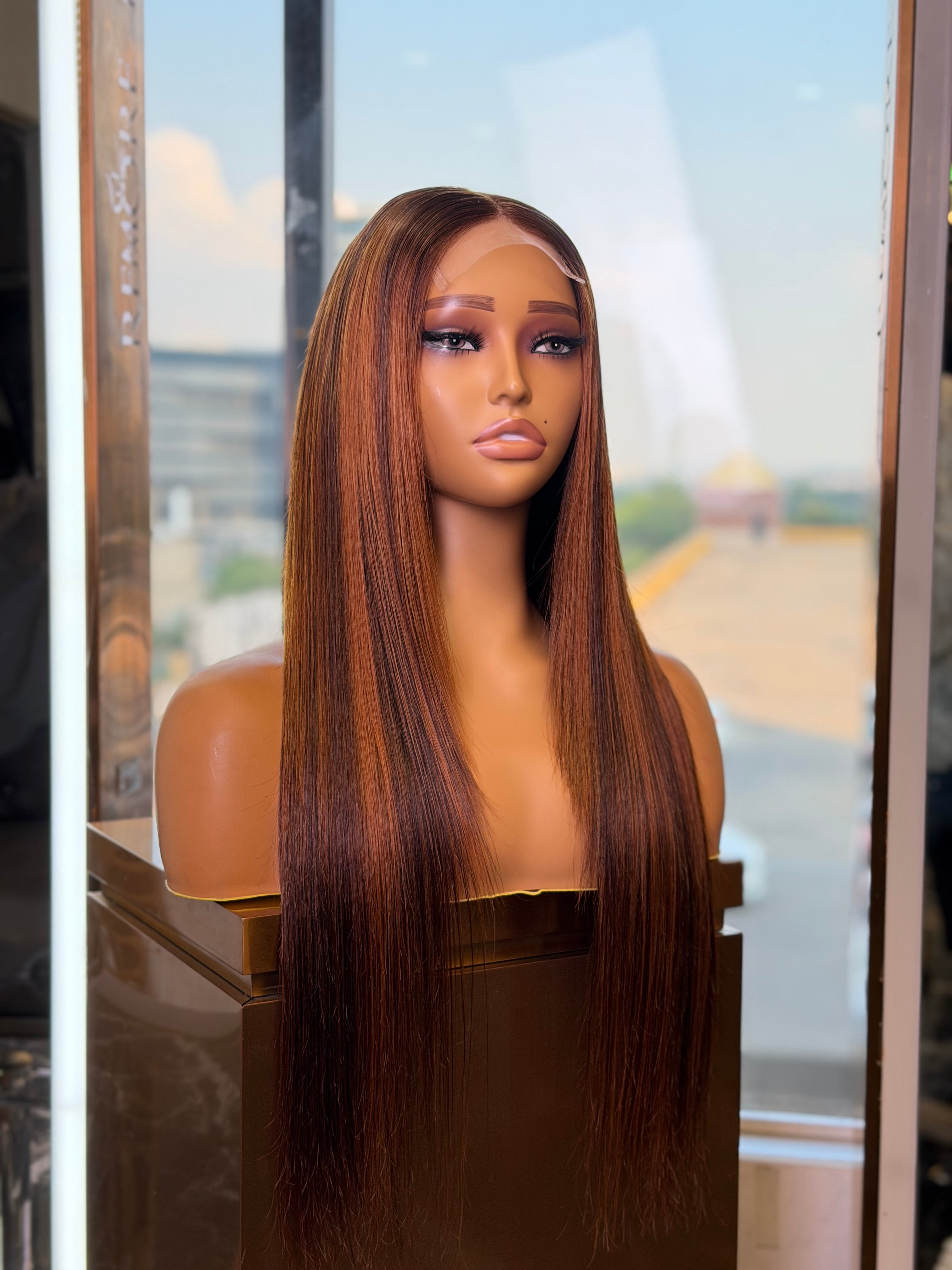 24 Inch Brown Highlight Glueless Straight Human Hair Wig