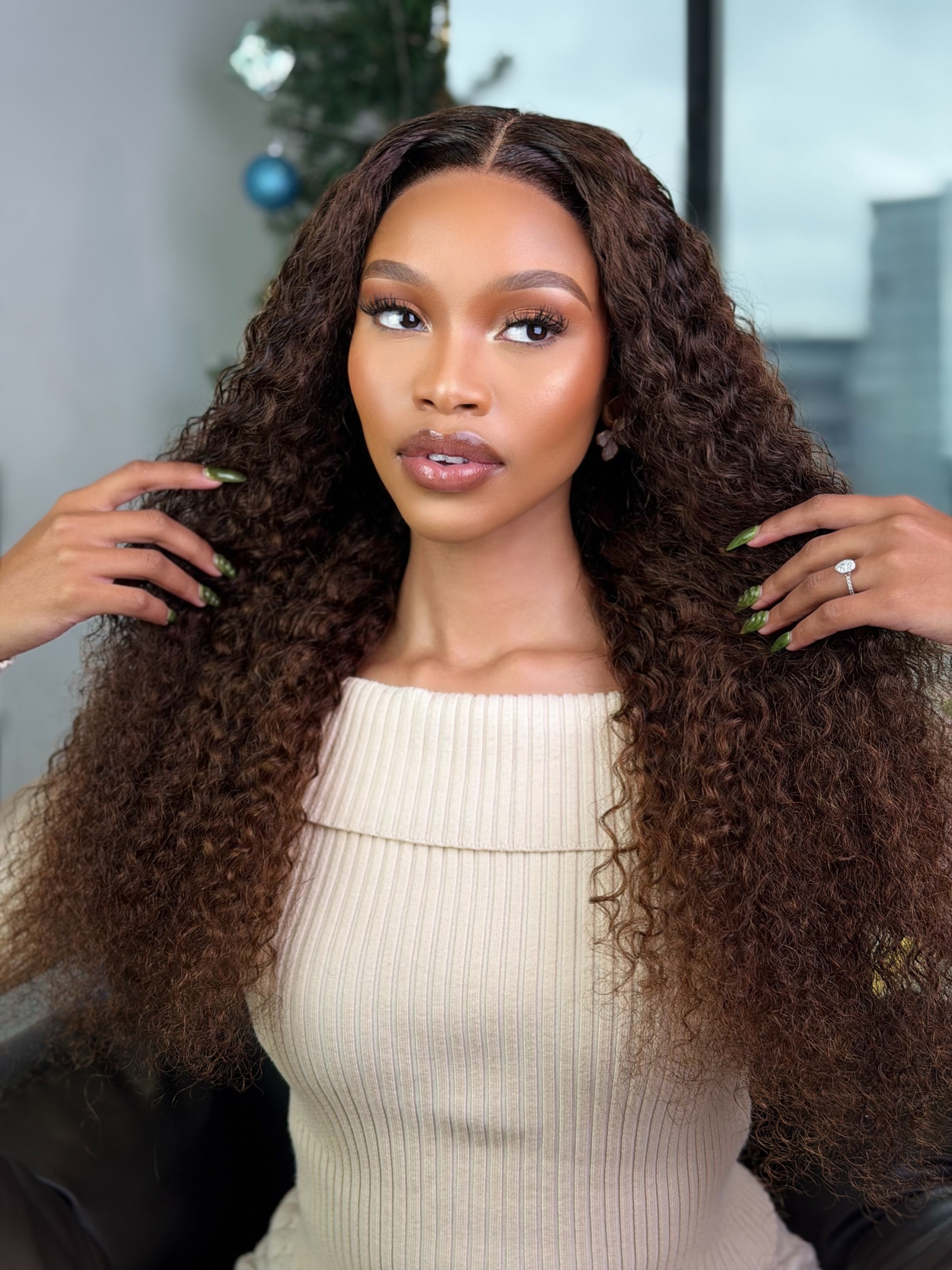 22 Inch Brown Water Curly Glueless Human Hair Wig