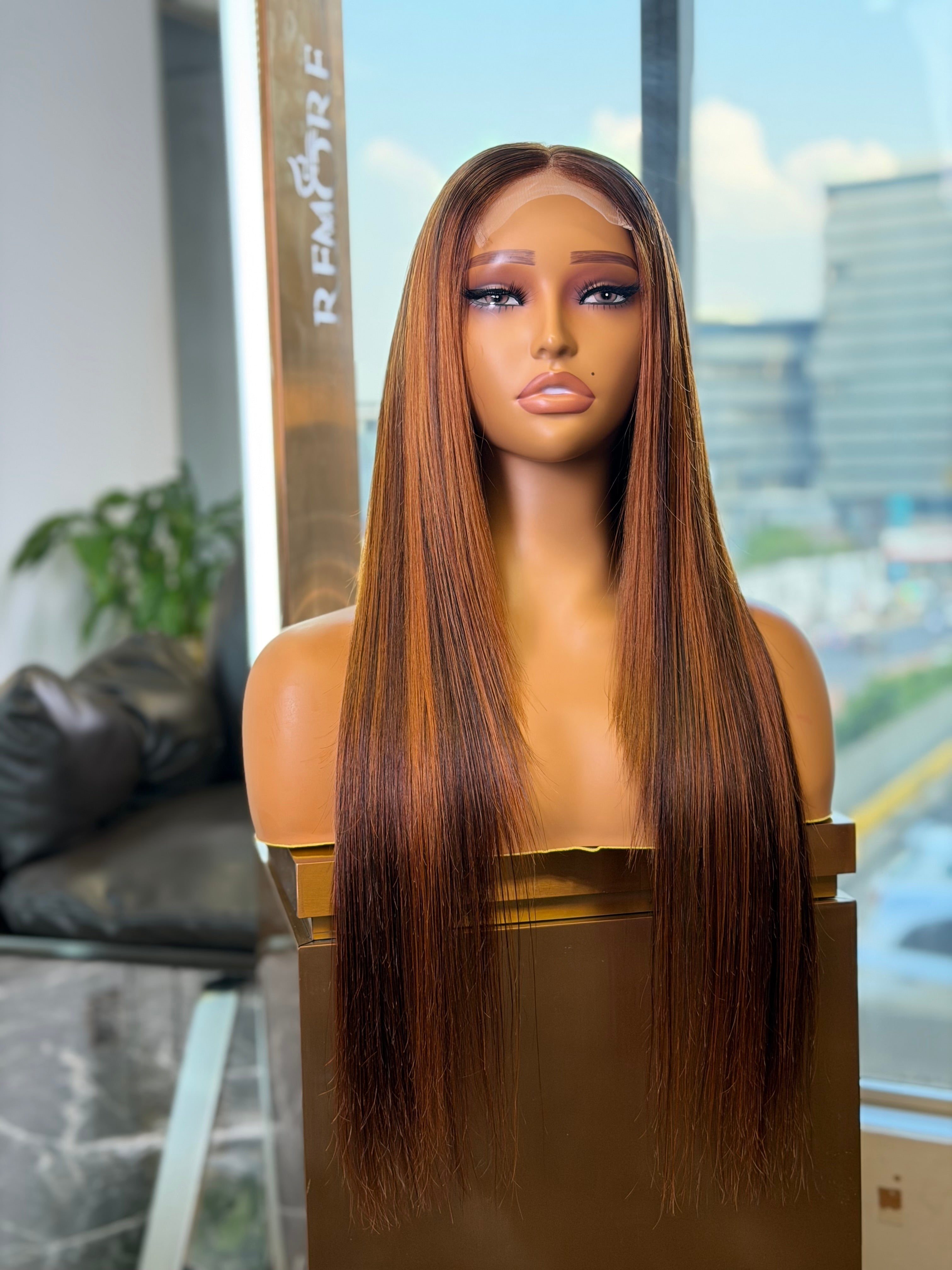 24 Inch Brown Highlight Glueless Straight Human Hair Wig