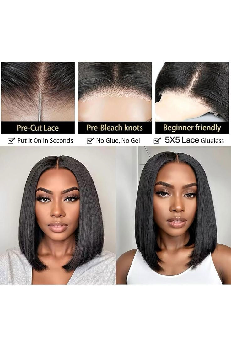 Pre-Bleached 5X5 Glueless Human Hair Bob Wig (8 - 14 Inch)